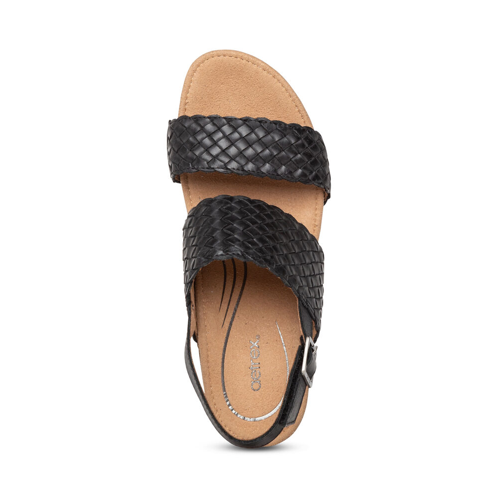 Aetrex Women's Summer Woven Quarter Strap Wedge Sandals - Black | USA YXVU95D